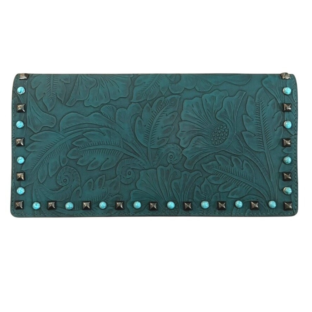 Anna Sui X Inc Western Tooled Leather Clutch Teal Turquoise Studded